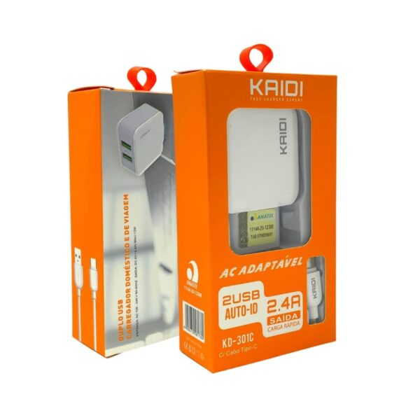 Carregador Celular TipoC Com 1 Cabo E 2 Saidas Usb - Kaidi KD-301C - Image 2