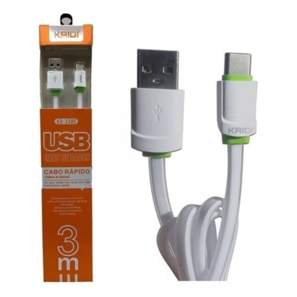 Cabo Dados e Carregamento 3 Mt Usb Para Ceular Kaidi KD-330C - Image 2