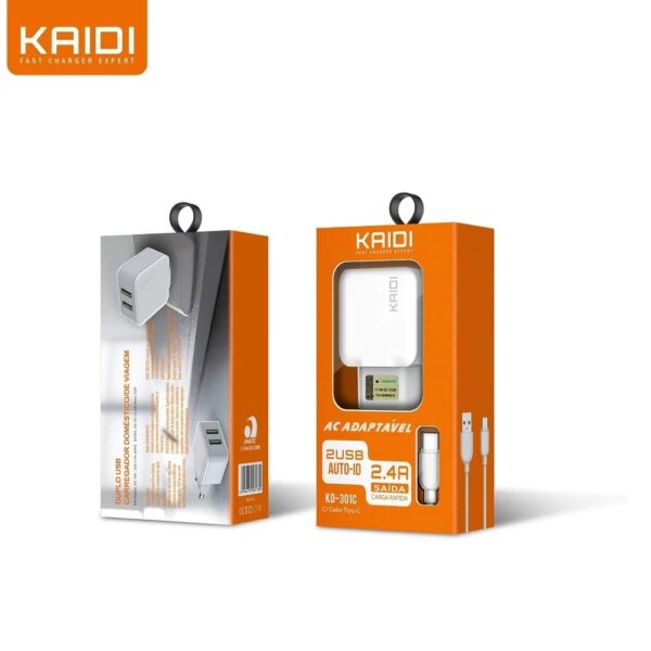 Carregador Celular TipoC Com 1 Cabo E 2 Saidas Usb - Kaidi KD-301C