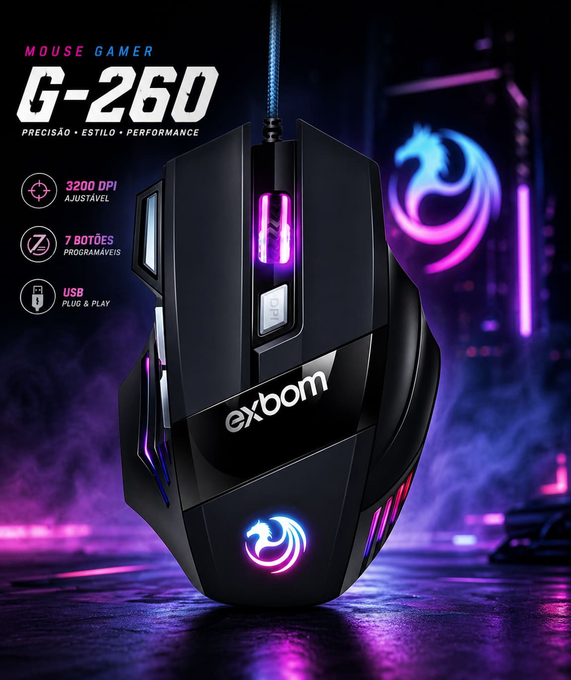 Mouse Para Jogo Gamer Ms G260 Preto Rgb Led 7 Botoes